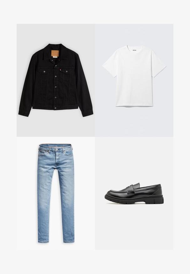 Sort denimjakke med klassisk design, der har en spids krave, brystlommer, lukning med fem knapper og et lædermærke med mærkenavn.; Hvid kortærmet crewneck T-shirt lagt fladt ud, ensfarvet design, med "WEEKDAY" mærkat inde i kraven på en lys baggrund.; Lyseblå denimbukser, lige pasform, fem-lomme design, med lynlås og knaplukning. Glat tekstur med subtile falmede detaljer.; Sort læder loafersko med en bred rem over forfoden, gummisål med tykke mønstre og glat overflade. Klassisk, slankt design.