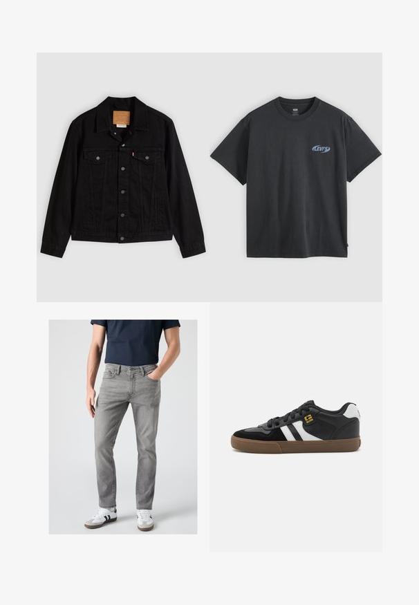 Zwarte spijkerjack met een klassiek ontwerp, voorzien van een puntkraag, borstzakken, vijf knopen aan de voorkant en een leren merkembleem.; Zwart Levi's vintage fit T-shirt met korte mouwen, klein blauw Levi's-logo op de linkerborst en een ronde hals.; Man draagt grijze slim-fit jeans, witte sneakers met zwarte strepen en een donkerblauw shirt met korte mouwen, staand met één hand in de zak.; Zwart-witte sneakers met een bovenwerk van suède en leer, voorzien van witte strepen, zwarte veters en een bruine rubberen zool. Gouden logo-accenten.
