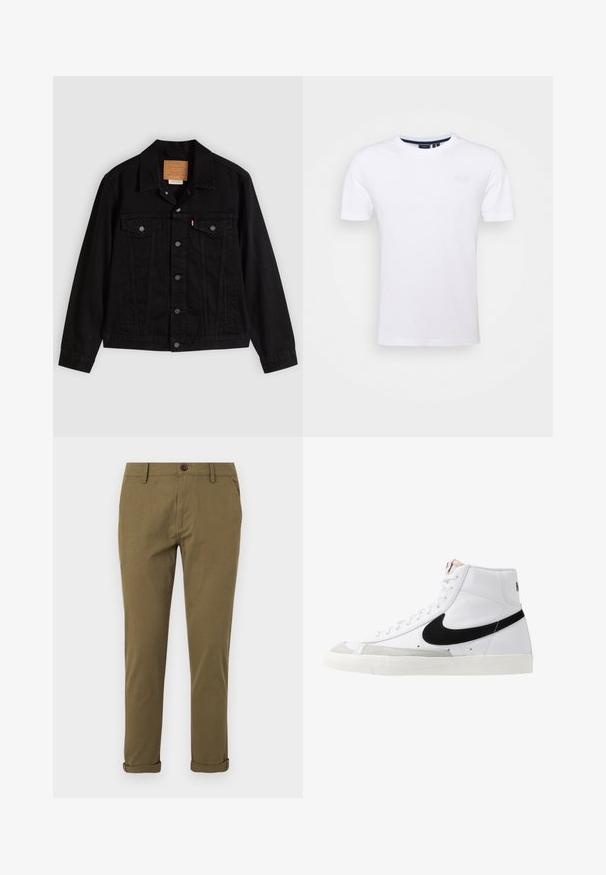 Chaqueta de mezclilla negra con un diseño clásico, que incluye cuello puntiagudo, bolsillos en el pecho, cierre de cinco botones y etiqueta de cuero de la marca.; Superdry & Co Camiseta básica - optic; Pantalones chinos khaki de corte ajustado para hombre con trabillas para cinturón, cierre de botón, bolsillos laterales y puños doblados sobre fondo blanco.; Zapatillas altas blancas con un swoosh negro, una puntera texturizada en gris y suela plana blanca. Presenta seis ojales y acentos cosidos.