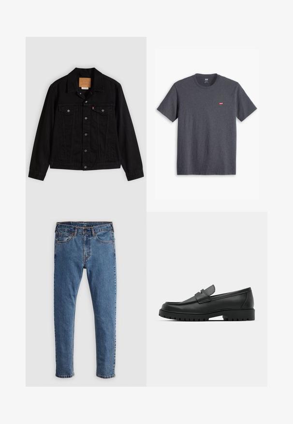Sort denimjakke med klassisk design, der har en spids krave, brystlommer, lukning med fem knapper og et lædermærke med mærkenavn.; Grå crew neck t-shirt lavet af bomuld, med korte ærmer og et lille rødt brandlogo på øverste venstre bryst. Blød tekstur, klassisk pasform.; Blå denim jeans med lige skæring, fem lommer, orange syninger og en klassisk knap- og lynlåslukning. Slidt tekstur langs benene.; Sorte læder loafers med rund tå, der har et syet design, lav platformssål og en struktureret, skridsikker gummisål.