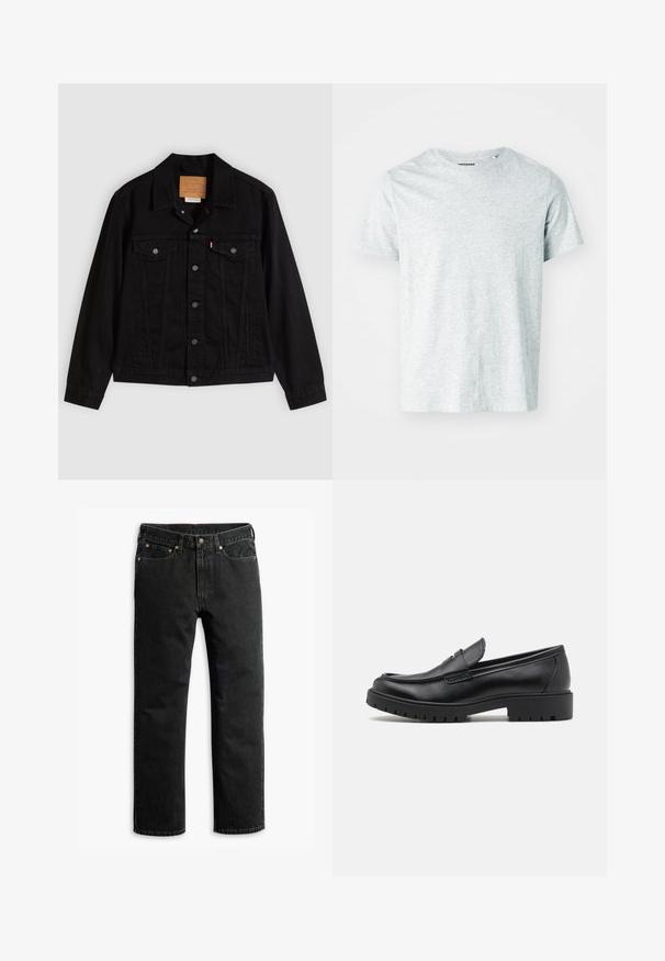 Veste en denim noir au design classique, avec un col pointu, des poches poitrine, une fermeture à cinq boutons et une étiquette de marque en cuir.; T-shirt gris clair à manches courtes en tissu doux, avec un col rond et une coupe légèrement décontractée. Aucun motif ou graphique visible.; Jean en denim noir à jambe droite avec cinq poches, passants de ceinture et fermeture par bouton à la taille, disposé à plat sur un fond blanc.; Mocassins en cuir noir avec un bout arrondi, un design à enfiler et une semelle en caoutchouc épaisse avec une texture antidérapante. Talon surélevé et détails de surpiqûre subtils.