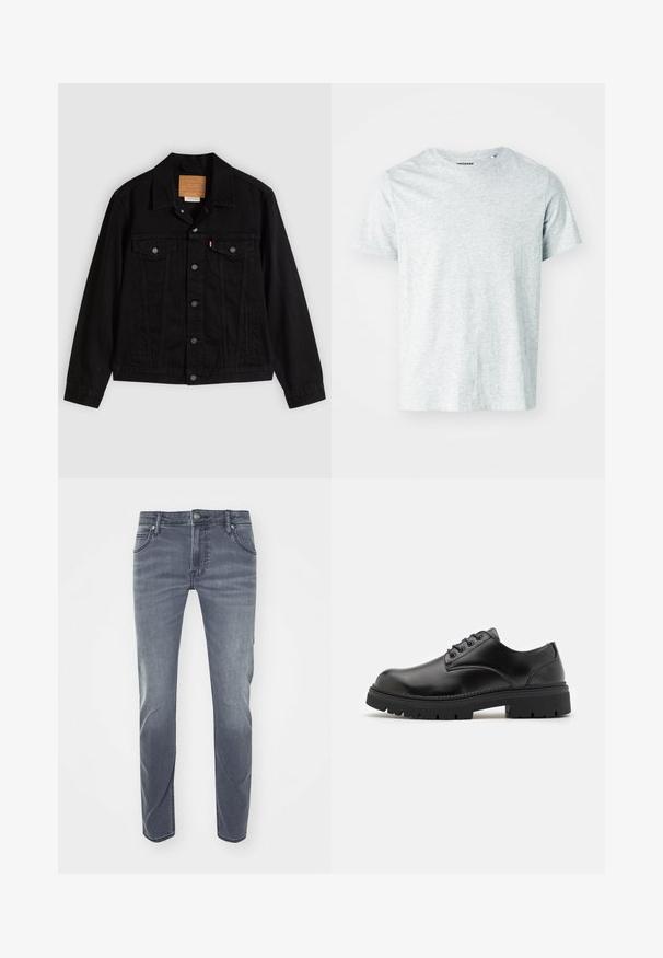 Veste en denim noir au design classique, avec un col pointu, des poches poitrine, une fermeture à cinq boutons et une étiquette de marque en cuir.; T-shirt gris clair à manches courtes en tissu doux, avec un col rond et une coupe légèrement décontractée. Aucun motif ou graphique visible.; Jeans en denim bleu foncé avec une coupe droite, un léger délavage, des passants de ceinture, des poches avant et un petit logo sur la taille.; Chaussures en cuir noir avec un bout rond, un laçage et une semelle en caoutchouc épaisse et texturée. Présente des coutures le long du bord et une finition lisse.