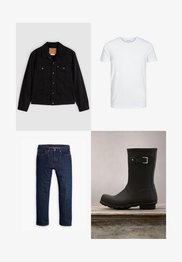 Sort denimjakke med klassisk design, der har en spids krave, brystlommer, lukning med fem knapper og et lædermærke med mærkenavn.; Rundhals kortærmet t-shirt i ensfarvet hvid, lavet af blød bomuld, har et simpelt design uden synlige mønstre eller detaljer.; Person iført mørkeblå straight-leg jeans, hvide sneakers og en olivengrøn sweatshirt, hænder i lommerne, står mod en grå baggrund.; Sorte gummistøvler med lav hæl, rund tå og en sølv spændeaccent. Har en tekstureret sål for godt fodfæste.