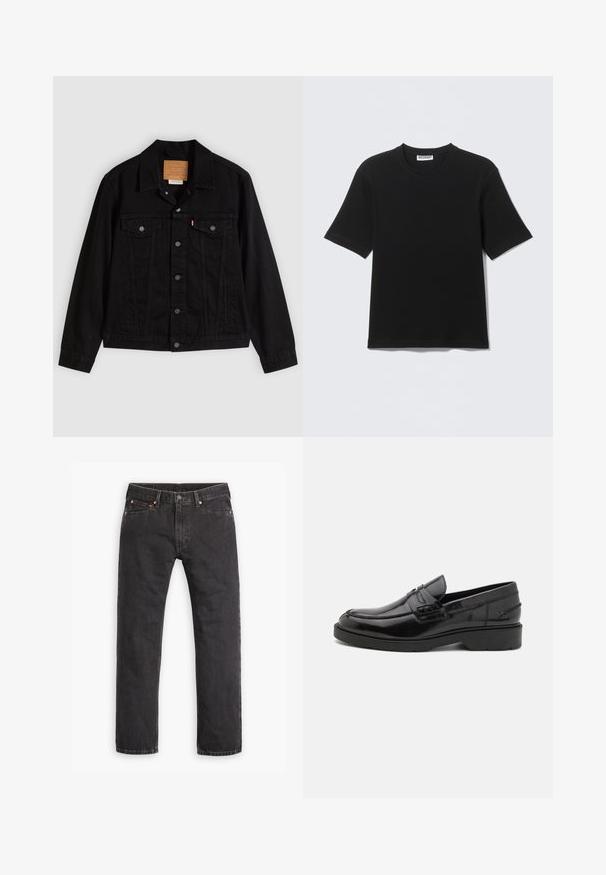 Schwarze Jeansjacke mit klassischem Design, ausgestattet mit spitzem Kragen, Brusttaschen, Fünf-Knopf-Verschluss und Leder-Label der Marke.; Schwarzes T-Shirt mit kurzen Ärmeln und Rundhalsausschnitt, mit einem "WEEKDAY"-Etikett innen am Kragen, flach auf einem hellen Hintergrund liegend dargestellt.; Schwarze gerade geschnittene Jeans aus Denim mit fünf Taschen, Knopfverschluss und Kupfernieten auf einem weißen Hintergrund flach ausgelegt.; Schwarze Lederloafers mit glatter Oberfläche, abgerundetem Zehenbereich, niedrigem Absatz und dekorativer Naht entlang der Vorderseite. Gummisohle für guten Halt.