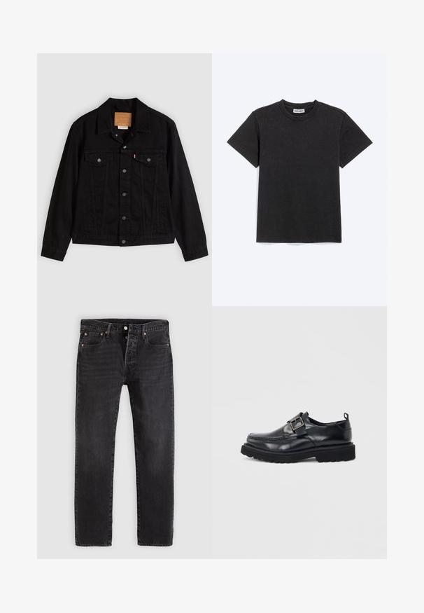 Veste en denim noir au design classique, avec un col pointu, des poches poitrine, une fermeture à cinq boutons et une étiquette de marque en cuir.; T-shirt noir uni en coton à manches courtes avec un col rond et une petite étiquette de la marque Weekday à l'intérieur du col.; Jean en denim noir à coupe droite, avec deux poches avant, une poche à monnaie et des rivets en métal. Design classique à cinq poches.; Mocassin en cuir noir avec semelle épaisse et sangle à boucle argentée sur le côté, sur fond blanc.