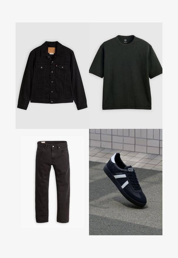 Schwarze Jeansjacke mit klassischem Design, ausgestattet mit spitzem Kragen, Brusttaschen, Fünf-Knopf-Verschluss und Leder-Label der Marke.; Schwarzes T-Shirt mit kurzen Ärmeln und Rundhalsausschnitt, locker geschnitten, auf hellem grauem Hintergrund flach liegend präsentiert.; Schwarze Denim-Jeans mit geradem Bein, ausgestattet mit einem klassischen Fünf-Taschen-Design, subtilen Nähten und einem Metallknopfverschluss.; Schwarze Leder-Sneaker mit weißen Streifen, strukturiertem Gummisohle und Schnürung. Verfügt über ein Markenetikett auf der Zunge.