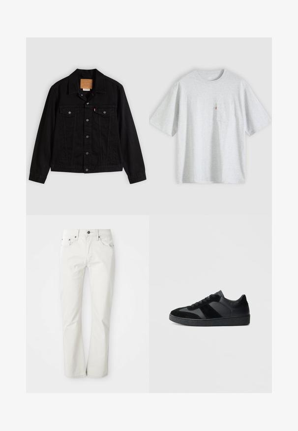Schwarze Jeansjacke mit klassischem Design, ausgestattet mit spitzem Kragen, Brusttaschen, Fünf-Knopf-Verschluss und Leder-Label der Marke.; Hellgraues T-Shirt mit kurzen Ärmeln, Rundhalsausschnitt und einer kleinen Brusttasche auf der linken Seite mit rotem Etikett.; Helle Jeans aus Baumwollmischung. Gerades Bein-Design mit Fünf-Taschen-Stil und Metallknopfverschluss. Glatte Textur.; Schwarze Sneaker aus einer Mischung von glattem Leder und Wildleder, mit einer strukturierten schwarzen Gummisohle und dezenten Streifendetails.
