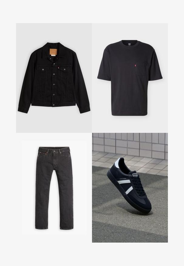 Veste en denim noir au design classique, avec un col pointu, des poches poitrine, une fermeture à cinq boutons et une étiquette de marque en cuir.; T-shirt noir à manches courtes et col rond avec poche poitrine et petite étiquette logo rouge Levi's sur la poche, sur fond clair uni.; Jeans en denim noirs à jambes droites avec cinq poches, fermeture à bouton et rivets cuivrés, posés à plat sur un fond blanc.; Sneaker en cuir noir avec des rayures blanches, semelle en caoutchouc texturée et devant à lacets. Présente une étiquette de marque sur la languette.
