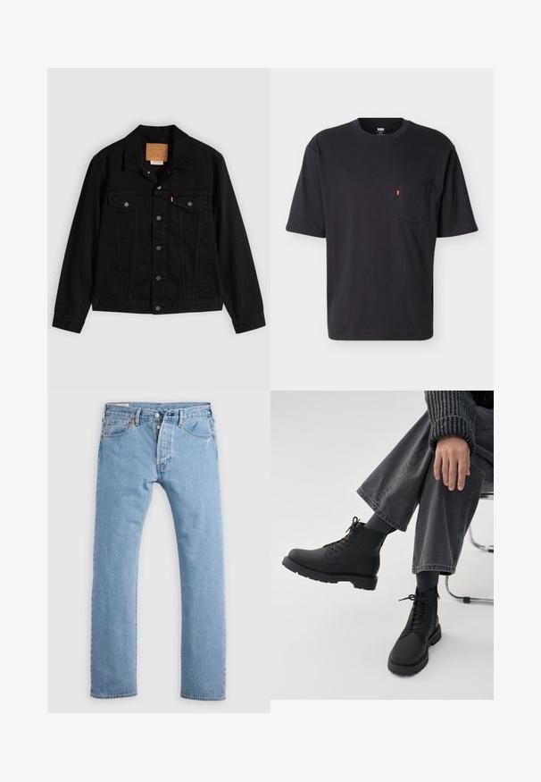 Veste en denim noir au design classique, avec un col pointu, des poches poitrine, une fermeture à cinq boutons et une étiquette de marque en cuir.; T-shirt noir à manches courtes et col rond avec poche poitrine et petite étiquette logo rouge Levi's sur la poche, sur fond clair uni.; Jean en denim droit bleu clair avec fermeture à boutons, passants de ceinture, et poches avant et arrière, présenté sur un fond blanc.; Personne assise jambes croisées portant des bottes noires à lacets, des chaussettes foncées, un pantalon gris à jambes larges et un pull côtelé foncé sur fond blanc.