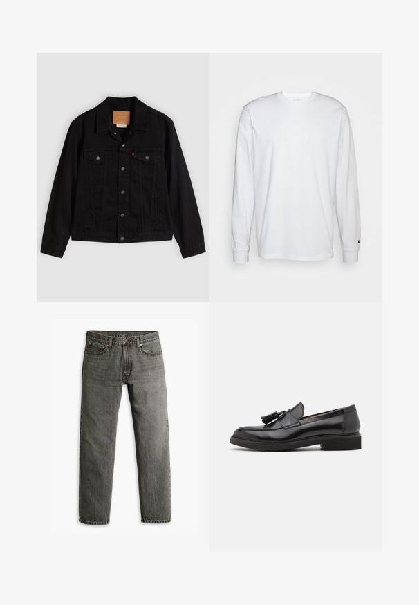 Sort denimjakke med klassisk design, der har en spids krave, brystlommer, lukning med fem knapper og et lædermærke med mærkenavn.; Hvid langærmet T-shirt lavet af bomuld. Rund halsudskæring med ribbede manchetter og et lille logo på venstre ærme. Glat tekstur.; Grå denim jeans med lige ben-design, klassisk fem-lomme stil og diskret sømdetaljer på sømme og lommer.; Sorte læder loafers med frynse detalje, afrundet tå og en tekstureret sål. Har en glat finish og minimalistisk design.