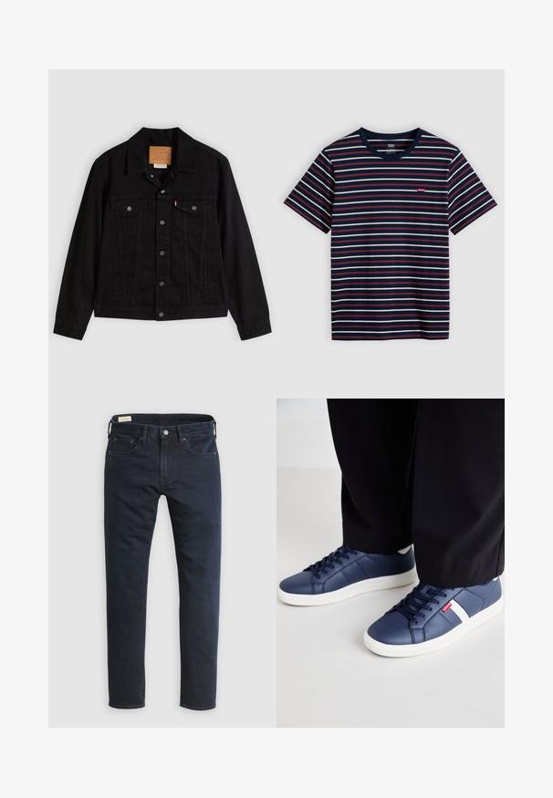 Chaqueta de mezclilla negra con un diseño clásico, que incluye cuello puntiagudo, bolsillos en el pecho, cierre de cinco botones y etiqueta de cuero de la marca.; Camiseta de manga corta azul marino con rayas horizontales blancas y rojas y un pequeño logo rojo de Levi's en el pecho.; Vaqueros de mezclilla azul oscuro con corte de pierna recta, diseño de cinco bolsillos, cierre frontal con botones y detalles mínimos de costuras.; Zapatillas de deporte azul marino hechas de material sintético suave, con acentos blancos y una suela de goma texturizada. Cordones y marca visibles.
