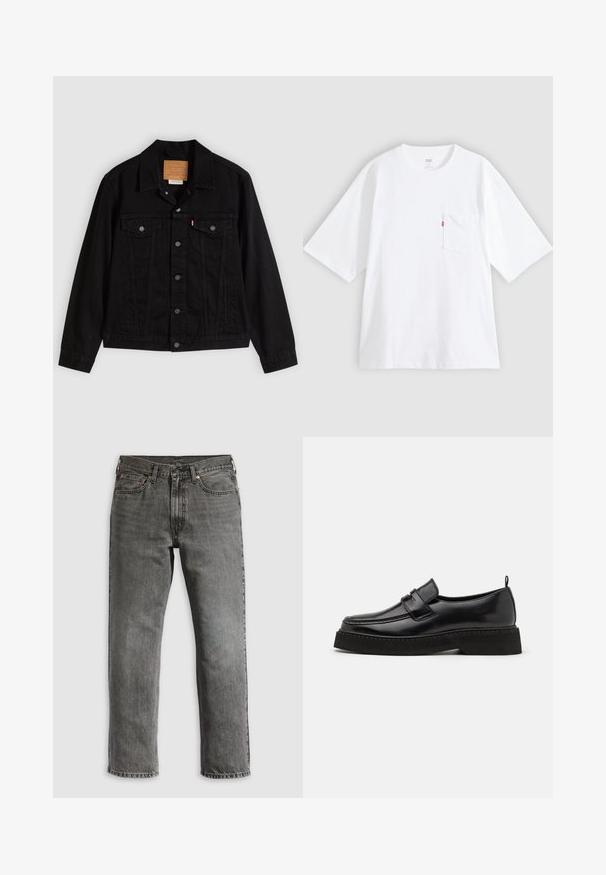 Schwarze Jeansjacke mit klassischem Design, ausgestattet mit spitzem Kragen, Brusttaschen, Fünf-Knopf-Verschluss und Leder-Label der Marke.; Weißes Baumwoll-T-Shirt mit kurzen Ärmeln, rundem Ausschnitt und Brusttasche auf der linken Seite. Mit kleinem rotem Logotag an der Tasche.; Graue Jeans aus Denim mit geradem Bein, ausgestattet mit fünf Taschen, kupfernen Nieten und sichtbaren Nähten. Klassisches Design mit Reißverschluss.; Schwarze Leder Slipper mit flacher, strukturiertem Sohlen, mit einer gestickten Zehenpartie und einem Riemen über dem Spann.