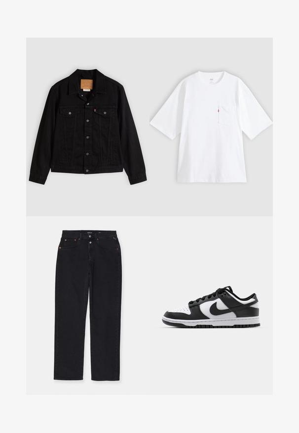 Sort denimjakke med klassisk design, der har en spids krave, brystlommer, lukning med fem knapper og et lædermærke med mærkenavn.; Hvid bomulds-T-shirt med korte ærmer, rund hals og lomme på venstre bryst. Har en lille rød logoetiket på lommen.; Sorte denimbukser med lige snit, fem lomme-design, metalhardware og subtile syninger. Blød tekstur, minimalt design.; Sort og hvid Nike Dunk sneakers med læderoverdel, perforeret tå, sorte snørebånd og en sort gummisål med slidbanedesign.