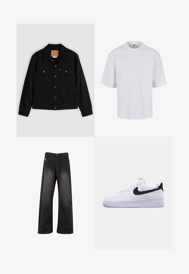 Schwarze Jeansjacke mit klassischem Design, ausgestattet mit spitzem Kragen, Brusttaschen, Fünf-Knopf-Verschluss und Leder-Label der Marke.; Weißes T-Shirt mit kurzen Ärmeln aus Baumwolle. Verfügt über einen Rundhalsausschnitt und einen lockeren Schnitt mit glatter Oberfläche sowie ohne sichtbare Muster oder Grafiken.; Schwarze, weit geschnittene Jeans mit verblasstem Finish, mit Knopfverschluss, fünf Taschen und einem markierten Patch auf der vorderen linken Seite.; Weißes Leder-Sneaker mit einem strukturierten schwarzen Swoosh, flachen Schnürsenkeln und einer Gummisohle mit genoppetem Muster. "AIR" ist auf der Ferse eingeprägt.