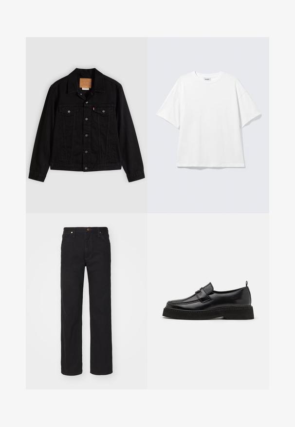 Schwarze Jeansjacke mit klassischem Design, ausgestattet mit spitzem Kragen, Brusttaschen, Fünf-Knopf-Verschluss und Leder-Label der Marke.; Weißes oversized T-Shirt mit kurzen Ärmeln und Rundhalsausschnitt mit eingesetzten Schultern, flach auf hellgrauem Hintergrund.; Schwarze Straight-Leg-Denim-Jeans mit vorderen Taschen, Gürtelschlaufen und Knopfverschluss auf schlichtem Hintergrund.; Schwarze Leder Slipper mit flacher, strukturiertem Sohlen, mit einer gestickten Zehenpartie und einem Riemen über dem Spann.