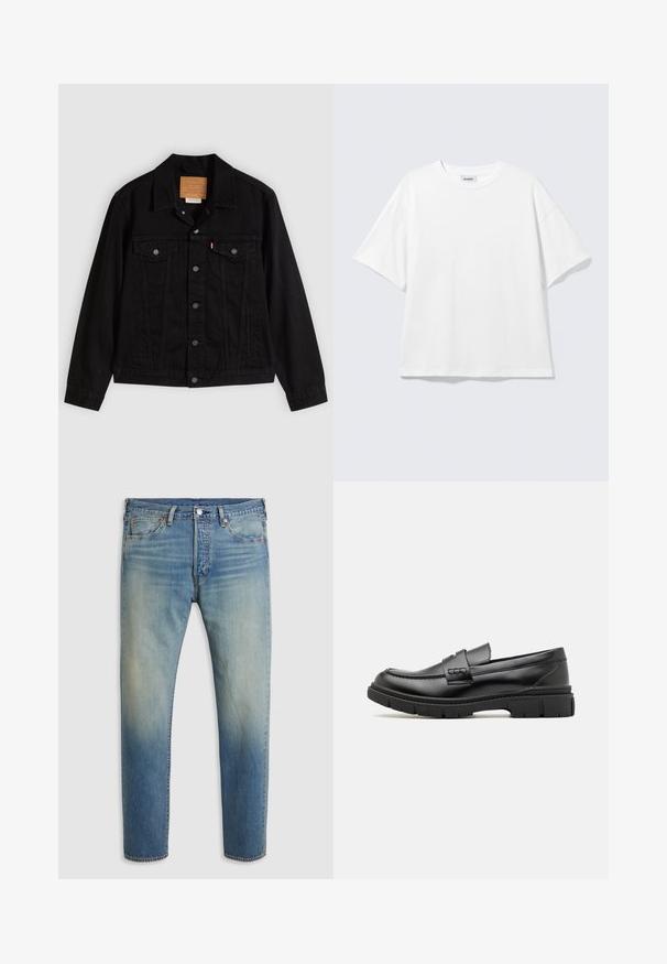 Veste en denim noir au design classique, avec un col pointu, des poches poitrine, une fermeture à cinq boutons et une étiquette de marque en cuir.; T-shirt blanc oversize à manches courtes, col rond, épaules tombantes, posé à plat sur fond gris clair.; Jean en denim bleu délavé pour homme avec poches avant, passants de ceinture, fermeture à bouton et décoloration subtile près de la taille.; Mocassin en cuir noir avec une large sangle sur le devant, semelle en caoutchouc à épaisse rainure, et texture lisse. Design classique et élégant.