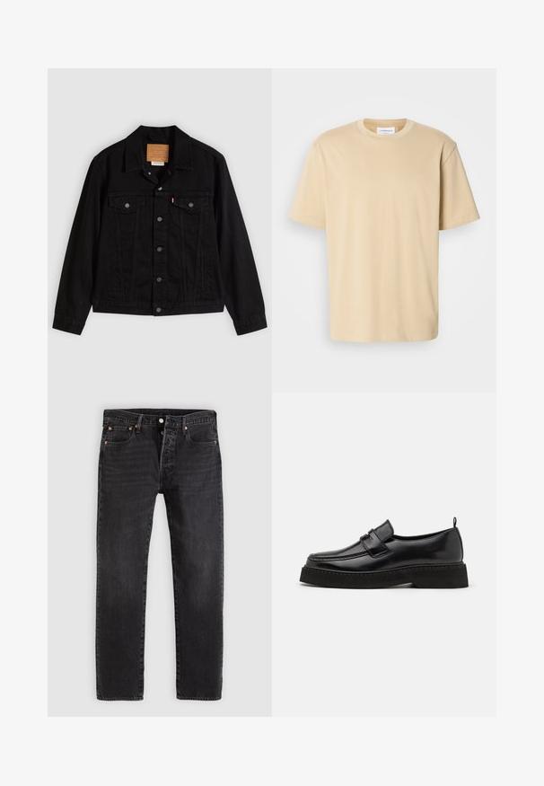 Veste en denim noir au design classique, avec un col pointu, des poches poitrine, une fermeture à cinq boutons et une étiquette de marque en cuir.; T-shirt beige à manches courtes, fabriqué en tissu doux. Il présente un col rond et une coupe décontractée sans motifs ni accents visibles.; Jean en denim noir à coupe droite, avec deux poches avant, une poche à monnaie et des rivets en métal. Design classique à cinq poches.; Chaussures en cuir noir de style mocassin avec une semelle plate et texturée, présentant un bout piqué et une sangle traversant le cou-de-pied.
