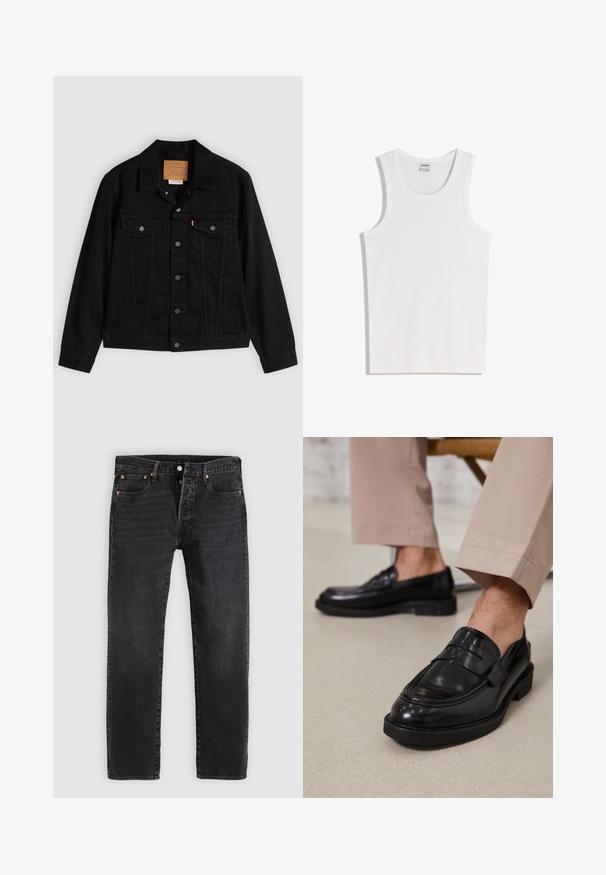 Veste en denim noir au design classique, avec un col pointu, des poches poitrine, une fermeture à cinq boutons et une étiquette de marque en cuir.; Débardeur blanc en coton avec un col rond et de larges bretelles. Texture lisse, sans motifs ni accents, design simple.; Jean en denim noir à coupe droite, avec deux poches avant, une poche à monnaie et des rivets en métal. Design classique à cinq poches.; Mocassins en cuir noir avec une finition lisse, ornés d'une sangle décorative et de coutures contrastées, associés à un pantalon beige.