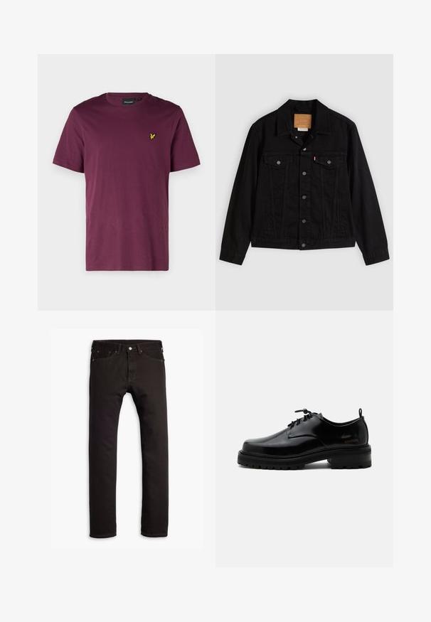 Sort denimjakke med klassisk design, der har en spids krave, brystlommer, lukning med fem knapper og et lædermærke med mærkenavn.; Mørkerød bomulds t-shirt med rund hals, korte ærmer og et lille gult ørne-logo på venstre bryst. Glat overflade, almindelig pasform.; Sorte slim-fit jeans med fem lommer og knaplukning, præsenteret fladt på en hvid baggrund.; Sort poleret læder snørestøvle med tyk gummisål og lav hæl, sideskilt med mærketekst "SAMSOE" og bageste træksnor.