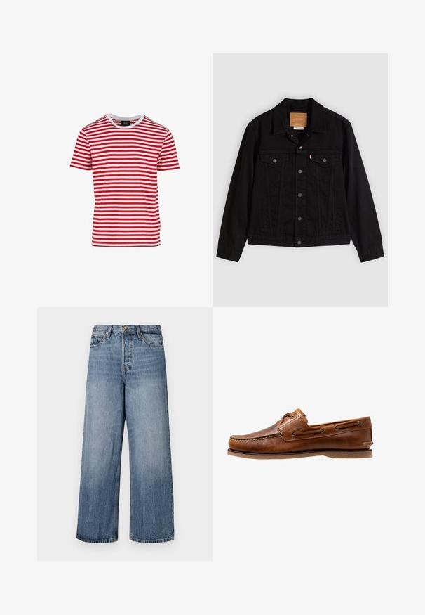 Sort denimjakke med klassisk design, der har en spids krave, brystlommer, lukning med fem knapper og et lædermærke med mærkenavn.; Rød- og hvidstribet kortærmet t-shirt med rund hals, lavet af stof med en glat tekstur. Har jævne vandrette striber.; Vidde ben blå denim jeans med en falmet vask, fem-lomme design og knaplukning. Udstyret med bælteløkker og sømdetaljer.; Brune læder bådsko med syede detaljer, der har metaløjer, en forhøjet søm på tåen og en flad gummisål.