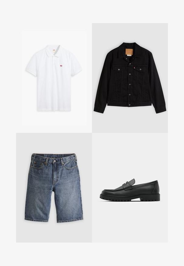 Schwarze Jeansjacke mit klassischem Design, ausgestattet mit spitzem Kragen, Brusttaschen, Fünf-Knopf-Verschluss und Leder-Label der Marke.; Weißes Poloshirt aus Baumwolle. Verfügt über eine Knopfleiste mit drei Knöpfen, kurze Ärmel und ein kleines rotes Levi's-Logo auf der linken Brust.; Blaue Jeansshorts mit Fronttaschen, Gürtelschlaufen und Knopfverschluss, flach auf hellem Hintergrund ausgebreitet.; Schwarze Lederloafer mit runder Zehenform, ausgestattet mit einem gesteppten Design, niedrigem Plattformsohle und einer strukturierten, genoppten Gummisohle.