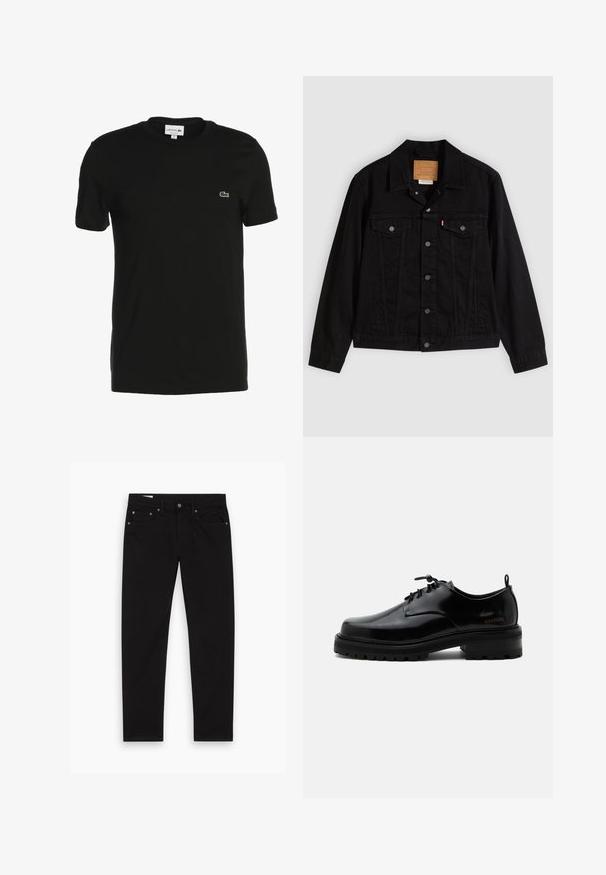 Veste en denim noir au design classique, avec un col pointu, des poches poitrine, une fermeture à cinq boutons et une étiquette de marque en cuir.; T-shirt en coton noir à manches courtes, col rond, avec petit logo vert Lacoste sur la poitrine. Texture lisse, coupe classique.; Jean noir à jambe droite avec poches avant et arrière, passants de ceinture, et fermeture à bouton et zip, posé à plat sur un fond blanc.; Chaussure en cuir noir poli à lacets, semelle en caoutchouc épaisse et talon bas, texte de marque "SAMSOE" sur le côté et languette arrière.