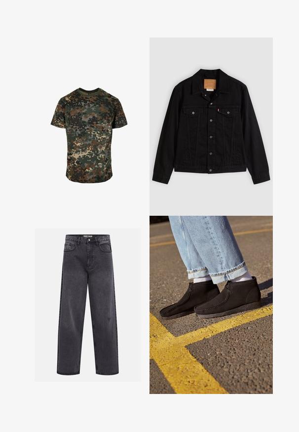 Schwarze Jeansjacke mit klassischem Design, ausgestattet mit spitzem Kragen, Brusttaschen, Fünf-Knopf-Verschluss und Leder-Label der Marke.; Tarnfarbenes T-Shirt aus Baumwolle mit einem mehrfarbigen Muster in Grün, Braun und Schwarz. Rundhalsausschnitt und kurze Ärmel.; Schwarze Jeans mit geradem Bein, Knopfverschluss, Gürtelschlaufen und Fünf-Taschen-Design.; Schwarze Wildleder-Ankle-Boots mit glatter Textur, abgerundetem Zeh und genähten Details. Kombiniert mit hellblauen, hochgekrempelten Jeans und weißen Socken.