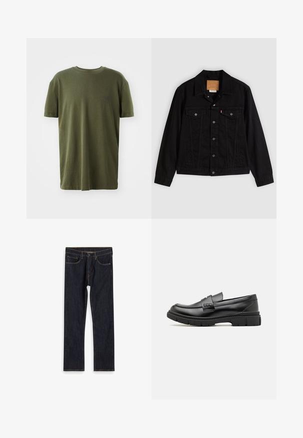 Musta denimtakki klassisella designilla, jossa on terävä kaulus, rintataskut, viiden napin kiinnitys ja nahkainen merkkilappu.; Vihreä oliivinvärinen t-paita puuvillasta, jossa on lyhyet hihat, pyöreä kaula-aukko ja pieni tumma sininen logo painettuna vasemmassa rinnassa.; Tummansiniset suorat farkut, joissa on etutaskut, vyölenkit ja kontrastivärinen oranssi ommel, asetettu tasaisesti valkoiselle taustalle.; Musta nahkainen loaferi, jossa on leveä hihna vampin poikki, kumipohja paksuilla kureilla ja sileä pinta. Klassinen, tyylikäs muotoilu.