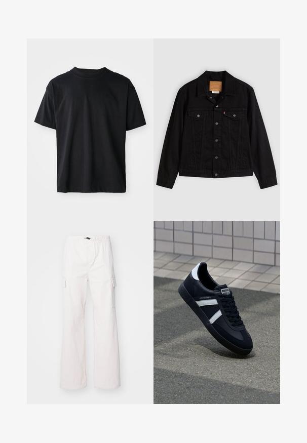 Sort denimjakke med klassisk design, der har en spids krave, brystlommer, lukning med fem knapper og et lædermærke med mærkenavn.; Sort crew neck T-shirt lavet af bomuld. Korte ærmer, standard pasform, ingen synlige mønstre, minimalistisk design med en diskret logo detalje.; Denim Project DPMDPPARACHUTE CARGO PANTS - Cargobukser - jet stream; Sort lædersneaker med hvide striber, tekstureret gummisål og snørrebånd foran. Har et brandet mærke på tungen.