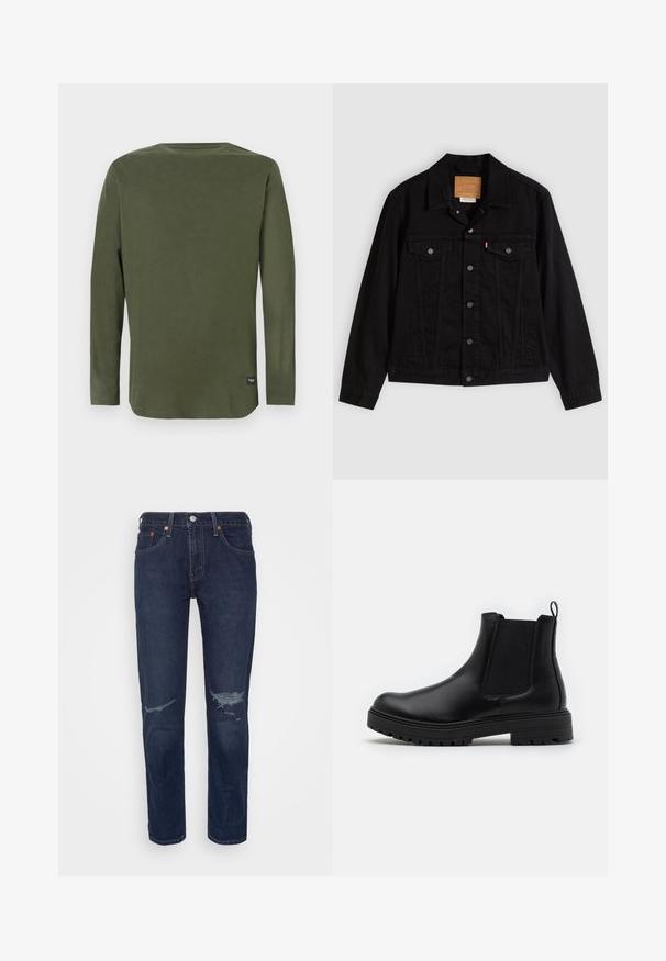 Chaqueta de mezclilla negra con un diseño clásico, que incluye cuello puntiagudo, bolsillos en el pecho, cierre de cinco botones y etiqueta de cuero de la marca.; Camiseta de manga larga, de color verde oliva y cuello redondo, con una pequeña etiqueta negra cerca del dobladillo inferior, sobre un fondo blanco liso.; Levi's® 502™ TAPER HI BALL - Vaqueros rectos - dark indigo rinse; Zign by Zalando LEATHER - Botines - black