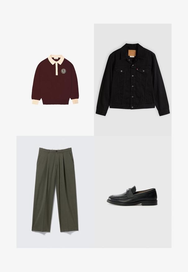 Sort denimjakke med klassisk design, der har en spids krave, brystlommer, lukning med fem knapper og et lædermærke med mærkenavn.; Bordeauxfarvet langærmet polo skjorte med cremefarvet krave og manchetter, knaplukning foran og cirkulært "Prohibited Berlin" logo på venstre bryst.; Oliven grønne bukser med lige ben, forreste plisseringer, sidelommer, bæltestropper og knaplukning i taljen.; Sorte læder loafers med en glat finish, der har et tekstureret øverste bånd, lav hæl og minimale syninger.