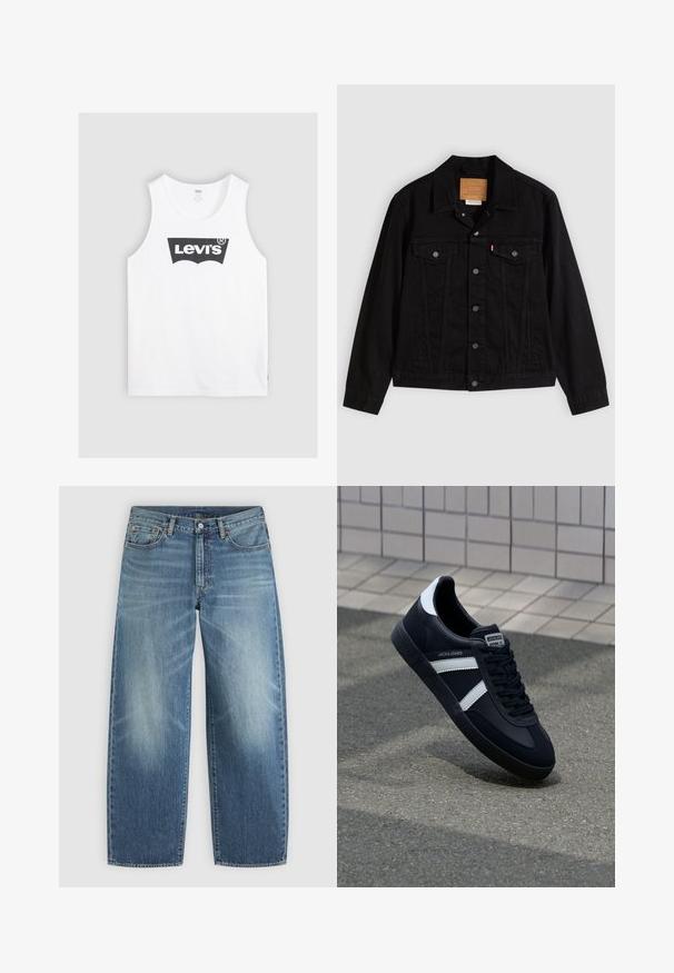Schwarze Jeansjacke mit klassischem Design, ausgestattet mit spitzem Kragen, Brusttaschen, Fünf-Knopf-Verschluss und Leder-Label der Marke.; Weißes Baumwoll-Trägershirt mit einem schwarzen Levi's-Logo in der Mitte. Einfaches Design mit rundem Halsausschnitt und weiten Armausschnitten.; Blaue Denim-Jeans mit geradem Bein, Frontknopf und Reißverschluss sowie Fünf-Taschen-Design.; Schwarze Leder-Sneaker mit weißen Streifen, strukturiertem Gummisohle und Schnürung. Verfügt über ein Markenetikett auf der Zunge.