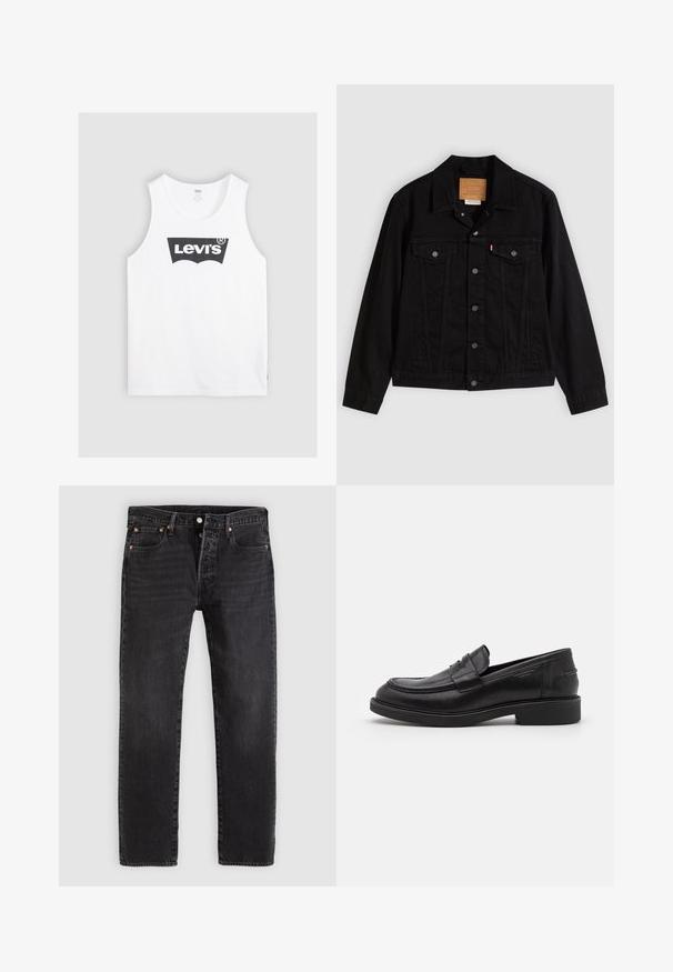 Schwarze Jeansjacke mit klassischem Design, ausgestattet mit spitzem Kragen, Brusttaschen, Fünf-Knopf-Verschluss und Leder-Label der Marke.; Weißes Baumwoll-Trägershirt mit einem schwarzen Levi's-Logo in der Mitte. Einfaches Design mit rundem Halsausschnitt und weiten Armausschnitten.; Schwarze Denim-Jeans mit geradem Schnitt, ausgestattet mit zwei Fronttaschen, einer Münztasche und Metallnieten. Klassisches Fünf-Taschen-Design.; Schwarze Lederloafer mit abgerundetem Zeh, farblich abgestimmtem Nähen und einem Riemendetail an der Vorderseite. Gummi-Sohle mit niedrigem Absatz.