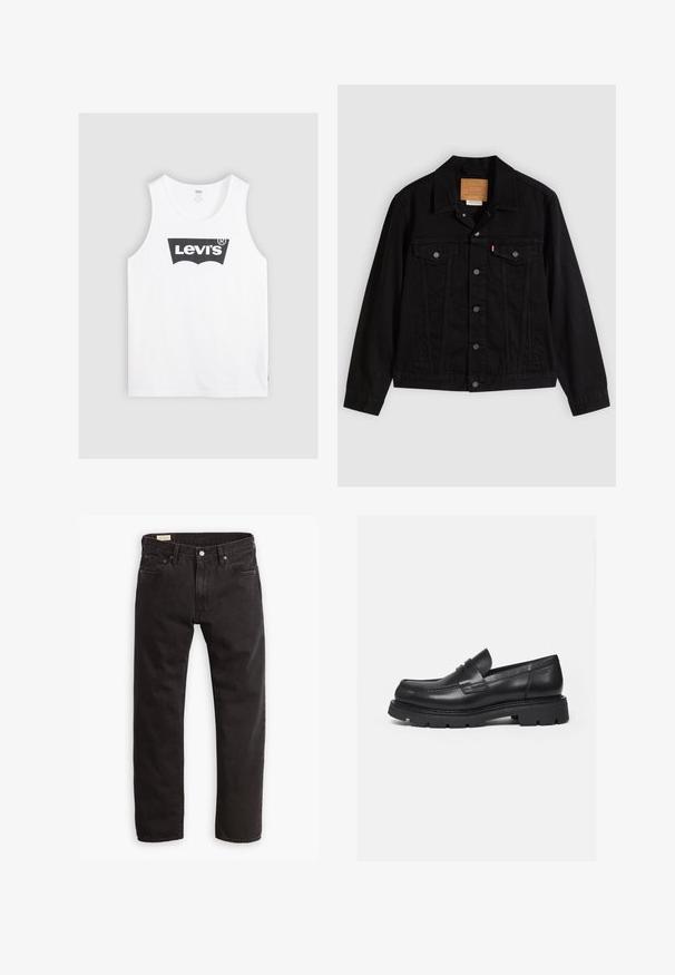 Veste en denim noir au design classique, avec un col pointu, des poches poitrine, une fermeture à cinq boutons et une étiquette de marque en cuir.; Débardeur en coton blanc avec un logo Levi's noir au centre. Design simple avec un col rond et de larges emmanchures.; Jeans en denim noir avec une coupe droite, dotés d'un design classique à cinq poches, d'une couture subtile et d'une fermeture à bouton en métal.; Mocassin en cuir noir avec semelle épaisse crantée et détail de bride penny, présenté en profil droit sur fond blanc.