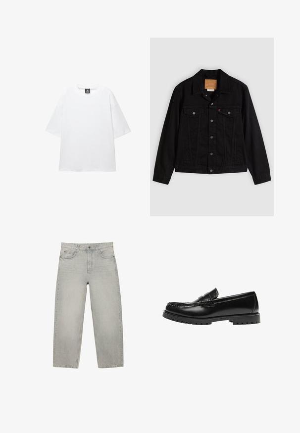 Veste en denim noir au design classique, avec un col pointu, des poches poitrine, une fermeture à cinq boutons et une étiquette de marque en cuir.; T-shirt blanc surdimensionné avec des manches courtes, un col rond et un tissu en coton doux. Présente une étiquette noire au niveau du cou. Sans motifs ni accents.; Jean en denim gris clair à taille haute, jambes droites, fermeture à boutons à l'avant et cinq poches, posé à plat sur un fond blanc.; Mocassin en cuir noir avec une semelle en caoutchouc épaisse et un détail classique de bride à monnaie, vu de côté extérieur.
