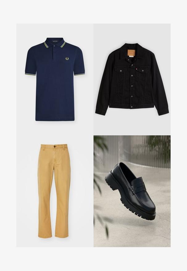 Veste en denim noir au design classique, avec un col pointu, des poches poitrine, une fermeture à cinq boutons et une étiquette de marque en cuir.; Polo bleu marine à manches courtes avec patte à deux boutons, col et poignets rayés, et petit logo laurier jaune sur la poitrine.; Chinos en coton beiges à coupe droite, avec une fermeture à bouton, des passants de ceinture et des détails cousus à l'ourlet.; Mocassins en cuir noir avec une semelle à crampons épaisse, dotés d'une sangle décorative et de détails de couture. Texture lisse avec une finition polie.