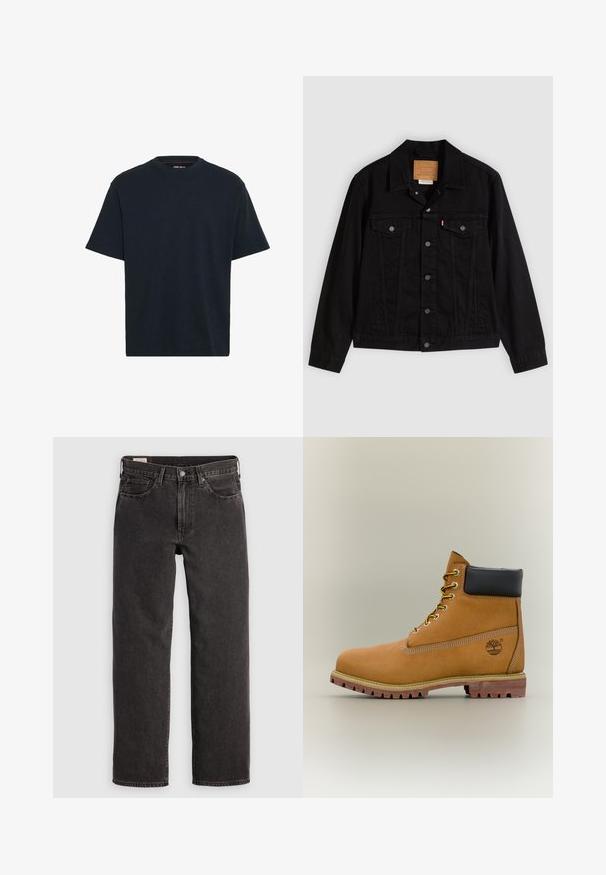 Sort denimjakke med klassisk design, der har en spids krave, brystlommer, lukning med fem knapper og et lædermærke med mærkenavn.; Marineblå bomulds T-shirt med rund hals, korte ærmer og en afslappet pasform. Glat tekstur uden synlige mønstre eller accenter.; Sorte denim jeans med lige ben, fem lommer og metalbeslag. Stoffet har en let struktur og en ensfarvet finish.; Brun læderankelstøvle med sort krave, gule snørebånd og tanfarvet sål. Har logo og hvide syninger som detalje. Robust ydersål med greb.