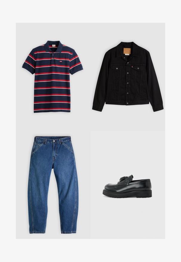 Schwarze Jeansjacke mit klassischem Design, ausgestattet mit spitzem Kragen, Brusttaschen, Fünf-Knopf-Verschluss und Leder-Label der Marke.; Navyblaues Poloshirt mit rot-weißen horizontalen Streifen, drei Knöpfen am Kragen und kleinem Levi's-Logo auf der Brust. Aus weichem Baumwollmaterial.; Blaue Denim-Jeans mit lockerer Passform, ausgestattet mit Knopfverschluss, fünf Taschen und kontrastierenden orangefarbenen Nähten. Durchgehend glatte Textur.; Schwarzer Leder-Slipper mit Quasten, dicke Gummisohle und niedrigem Absatz, im Seitenprofil vor einem einfarbigen Hintergrund gezeigt.