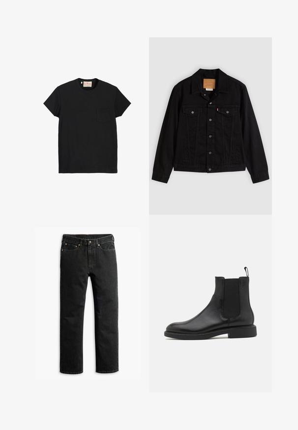 Sort denimjakke med klassisk design, der har en spids krave, brystlommer, lukning med fem knapper og et lædermærke med mærkenavn.; Sort bomulds T-shirt med rund hals, korte ærmer og en lomme på venstre bryst. Glat tekstur og minimalistisk design.; Sorte lige ben denim jeans med fem lommer, bæltestropper og en knaplukning i taljen, lagt fladt på en hvid baggrund.; Sort læder ankelstøvle med glat overflade, elastiske sidepaneler og en trækstrop. Rund tå og flad gummisål med minimal mønster.