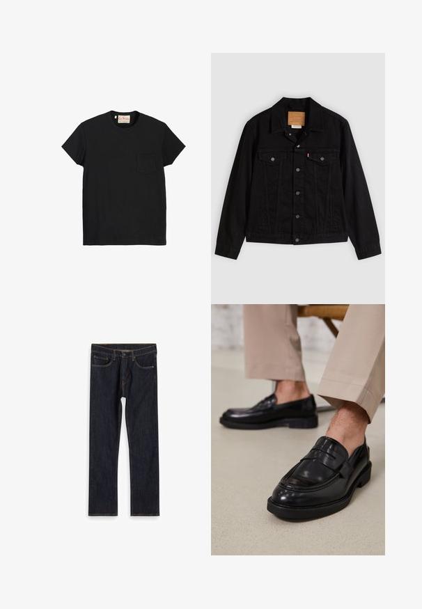 Sort denimjakke med klassisk design, der har en spids krave, brystlommer, lukning med fem knapper og et lædermærke med mærkenavn.; Sort bomulds T-shirt med rund hals, korte ærmer og en lomme på venstre bryst. Glat tekstur og minimalistisk design.; Mørkeblå lige ben denim jeans med forlommer, bæltestropper og kontrast orange syninger, lagt fladt på hvid baggrund.; Sorte lædermokkasiner med en glat overflade, der har en dekorativ rem og kontraststing, parret med beige bukser.