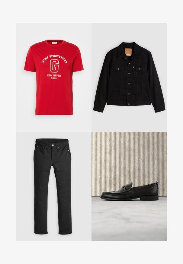 Veste en denim noir au design classique, avec un col pointu, des poches poitrine, une fermeture à cinq boutons et une étiquette de marque en cuir.; T-shirt rouge à manches courtes, en coton, avec un imprimé en texte blanc "GANT SPORTSWEAR" et "NEW HAVEN 1949" dans une police classique.; Pantalons en denim noir avec une coupe droite, dotés d'une fermeture éclair, de cinq poches et de détails en métal. Texture lisse.; Mocassin en cuir noir avec mors en métal doré et logo "HUGO", présenté sur un tapis beige et un meuble translucide marron.