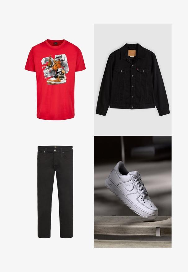 Sort denimjakke med klassisk design, der har en spids krave, brystlommer, lukning med fem knapper og et lædermærke med mærkenavn.; Rød bomulds T-shirt med et grafisk motiv af en basketball, en sneaker og teksten "ARBEJD HÅRD DRØM STORT." Designet indeholder sorte og orange detaljer.; Sorte straight-leg jeans med knap- og lynlås-lukning, for- og baglommer samt bæltestropper, fra mærket Lee.; Hvid læder Nike Air Force 1 sneaker med perforeret tå, flade snørebånd og tekstureret gummisål med "AIR" branding på siden.