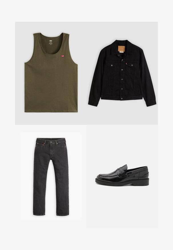Schwarze Jeansjacke mit klassischem Design, ausgestattet mit spitzem Kragen, Brusttaschen, Fünf-Knopf-Verschluss und Leder-Label der Marke.; Olivgrünes Tanktop aus weichem Stoff, mit rundem Halsausschnitt und einem kleinen roten Logo auf der oberen linken Seite. Einfaches Design, ohne Muster oder Akzente.; Schwarze gerade geschnittene Jeans aus Denim mit fünf Taschen, Knopfverschluss und Kupfernieten auf einem weißen Hintergrund flach ausgelegt.; Schwarze Lederloafers mit glatter Oberfläche, abgerundetem Zehenbereich, niedrigem Absatz und dekorativer Naht entlang der Vorderseite. Gummisohle für guten Halt.