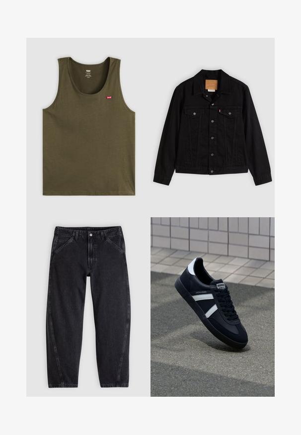 Schwarze Jeansjacke mit klassischem Design, ausgestattet mit spitzem Kragen, Brusttaschen, Fünf-Knopf-Verschluss und Leder-Label der Marke.; Olivgrünes Tanktop aus weichem Stoff, mit rundem Halsausschnitt und einem kleinen roten Logo auf der oberen linken Seite. Einfaches Design, ohne Muster oder Akzente.; Schwarze Jeans aus Denim mit lockerem Schnitt, ausgestattet mit einem normalen Bund, einem Fünf-Taschen-Design und Kontrastnähten entlang der Nähte.; Schwarze Leder-Sneaker mit weißen Streifen, strukturiertem Gummisohle und Schnürung. Verfügt über ein Markenetikett auf der Zunge.