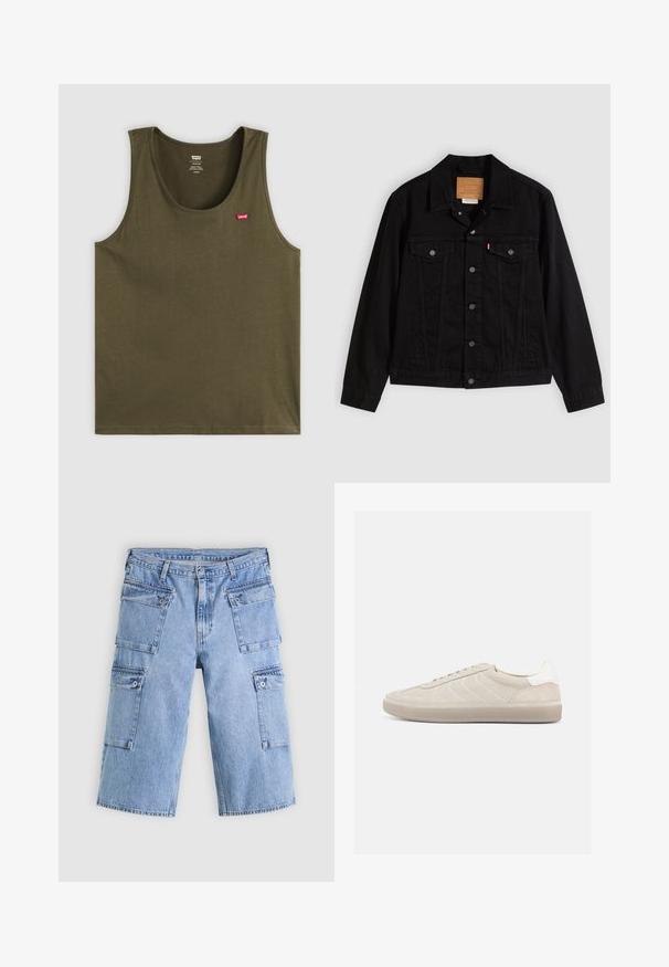 Schwarze Jeansjacke mit klassischem Design, ausgestattet mit spitzem Kragen, Brusttaschen, Fünf-Knopf-Verschluss und Leder-Label der Marke.; Olivgrünes Tanktop aus weichem Stoff, mit rundem Halsausschnitt und einem kleinen roten Logo auf der oberen linken Seite. Einfaches Design, ohne Muster oder Akzente.; Hellblaue Denim-Cargoshorts mit vier Klapptaschen und Knopfverschlüssen, flach auf einem hellen Hintergrund dargestellt.; Beiger Wildleder-Sneaker mit strukturiertem Obermaterial, glattem weißen Fersenbereich, dünnen Schnürsenkeln und Gummisohle. Verfügt über ein flaches Design.