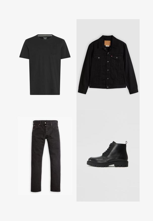 Chaqueta de mezclilla negra con un diseño clásico, que incluye cuello puntiagudo, bolsillos en el pecho, cierre de cinco botones y etiqueta de cuero de la marca.; Camiseta negra de manga corta hecha de algodón. Presenta un cuello barco y un pequeño bolsillo en el lado izquierdo del pecho. Textura suave y diseño sencillo.; Jeans ajustados negros con cierre de botones, cinco bolsillos y remaches de cobre, dispuestos sobre un fondo blanco.; Botas negras de cuero hasta el tobillo con punta redonda, cordones en la parte delantera y suela de goma texturizada. Incluye una pestaña en el talón para ponerlas y quitarlas fácilmente.
