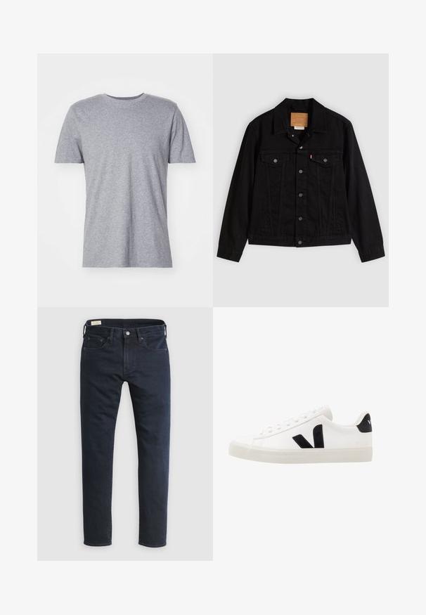 Schwarze Jeansjacke mit klassischem Design, ausgestattet mit spitzem Kragen, Brusttaschen, Fünf-Knopf-Verschluss und Leder-Label der Marke.; Graues, kurzärmliges T-Shirt aus einem Baumwollmischgewebe, das über einen klassischen Rundkragen verfügt und eine glatte, weiche Textur aufweist.; Dunkelblaue Jeans aus Denim mit geradem Bein, Fünf-Taschen-Design, vorderer Knopfleiste und minimalen Nähten.; Weiße Leder-Sneaker mit schwarzen Wildlederelementen; verfügen über eine Gummisohle, eine runde Spitze und ein klassisches Schnürdesign. Seitliches Logo in Schwarz.