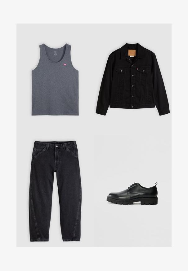 Schwarze Jeansjacke mit klassischem Design, ausgestattet mit spitzem Kragen, Brusttaschen, Fünf-Knopf-Verschluss und Leder-Label der Marke.; Graues Baumwoll-Trägershirt mit rundem Ausschnitt, ärmellosem Design und kleinem rotem Levi's-Logo auf der linken Brustseite. Schlichte Textur.; Schwarze Jeans aus Denim mit lockerem Schnitt, ausgestattet mit einem normalen Bund, einem Fünf-Taschen-Design und Kontrastnähten entlang der Nähte.; Schwarze Lederschuhe mit runder Zehenform, ausgestattet mit einer Schnürung, robustem schwarzen Gummisohle und einer kleinen Fersenschlaufe auf der Rückseite.
