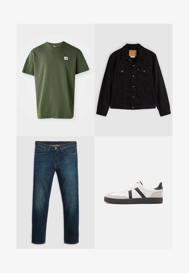 Chaqueta de mezclilla negra con un diseño clásico, que incluye cuello puntiagudo, bolsillos en el pecho, cierre de cinco botones y etiqueta de cuero de la marca.; Camiseta de algodón verde oliva con cuello redondo, mangas cortas y un pequeño parche de logo en el lado izquierdo del pecho. Textura suave, corte relajado.; Jeans de mezclilla azul oscuro con pierna recta, cinco bolsillos, costuras de cobre y un logo en la parte posterior de la cinturilla. Textura suave y ajuste clásico.; Zapatilla blanca con acentos en negro y gris, que presenta una puntera texturizada en gris, suela de goma negra y cordones planos blancos. Diseño limpio, estilo minimalista.
