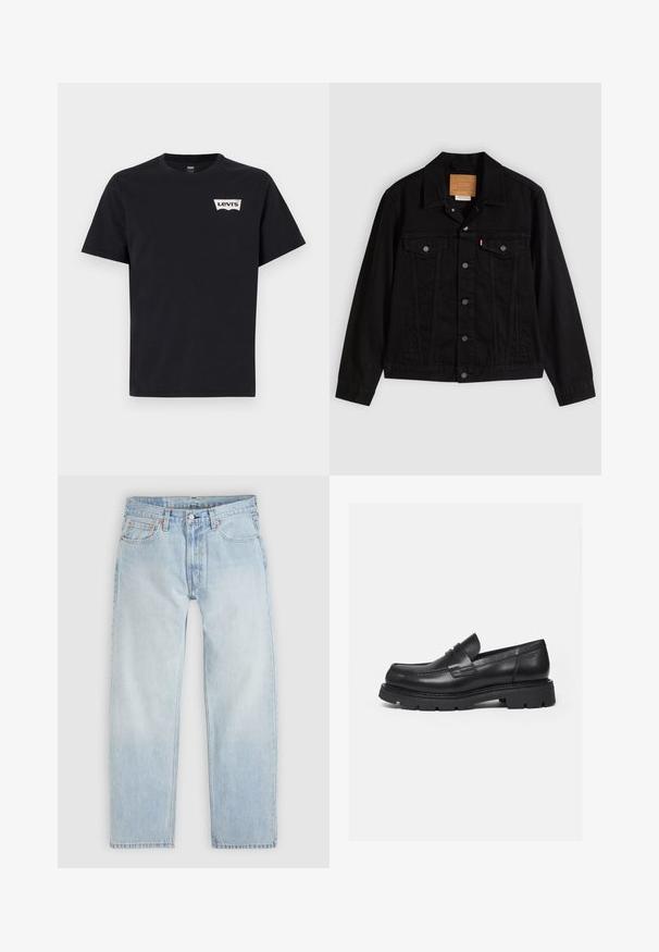 Schwarze Jeansjacke mit klassischem Design, ausgestattet mit spitzem Kragen, Brusttaschen, Fünf-Knopf-Verschluss und Leder-Label der Marke.; Schwarzes Baumwoll-T-Shirt mit kurzen Ärmeln, Rundhalsausschnitt und einem kleinen weißen Levi's-Logo auf der linken Vorderseite.; Hellblaue Denim-Jeans mit lockerem Schnitt, ausgestattet mit fünf Taschen, einem Knopfverschluss und dezenten orangefarbenen Ziernähten.; Schwarzer Lederloafer mit dicker, profilierter Sohle und Pennyriemen-Detail, von der rechten Seitenansicht auf weißem Hintergrund gezeigt.